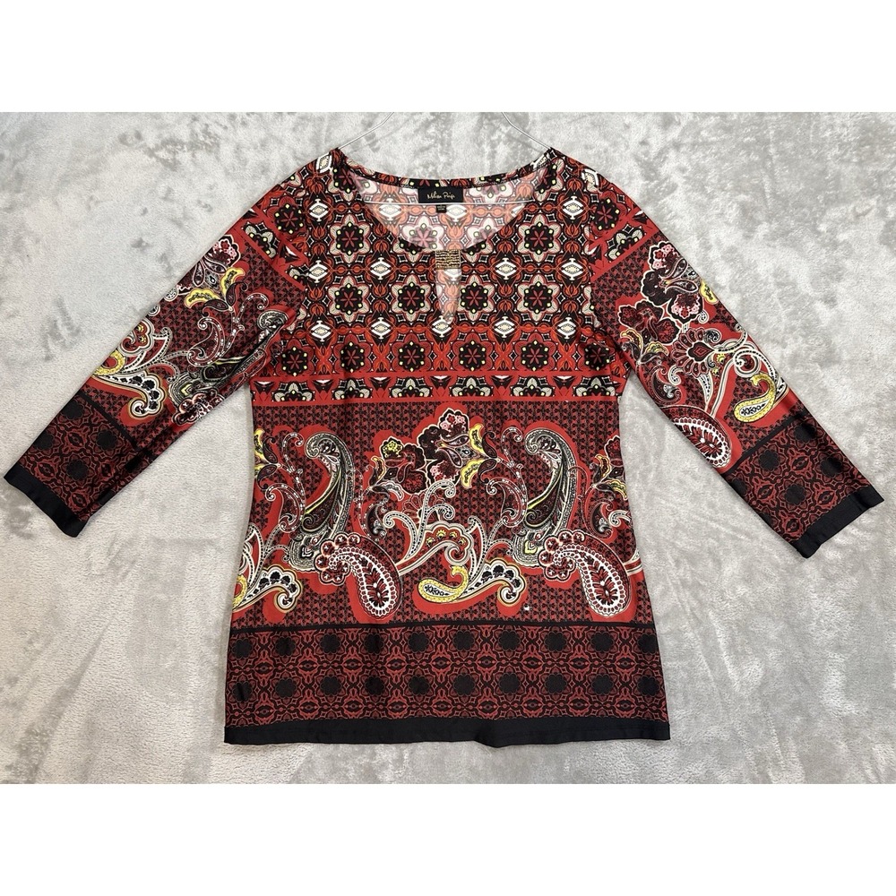 Melissa Page Blouse Womens L Red Paisley Tunic Top Stretch 3/4 Sleeve Split Neck